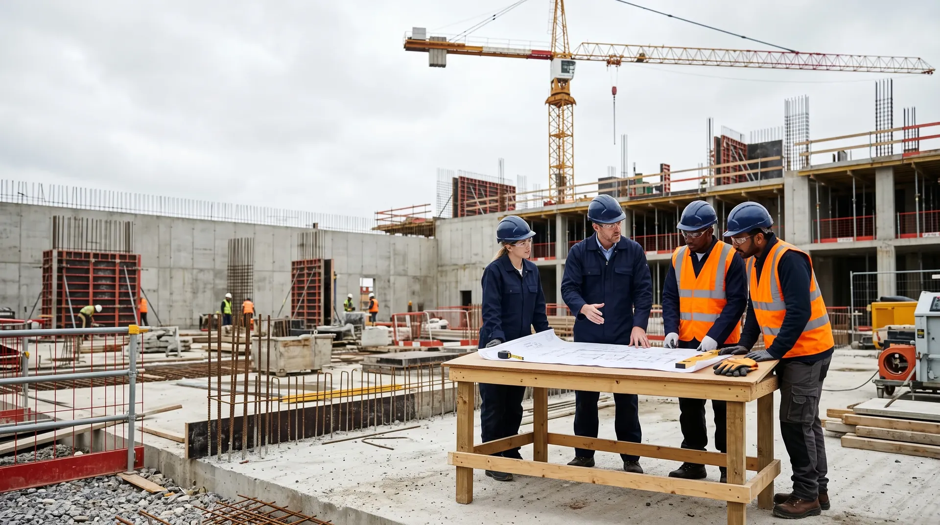 Équipe de chantier réunie autour de plans